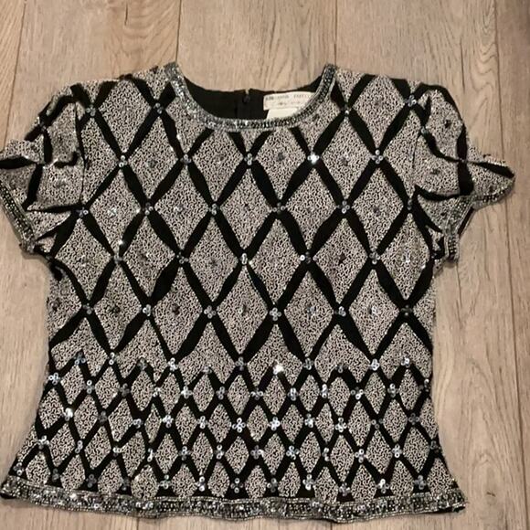 Papell Boutique Black Silver Sequins Blouse Top 100% Silk Glam Bling 90s Size M - Picture 10 of 11